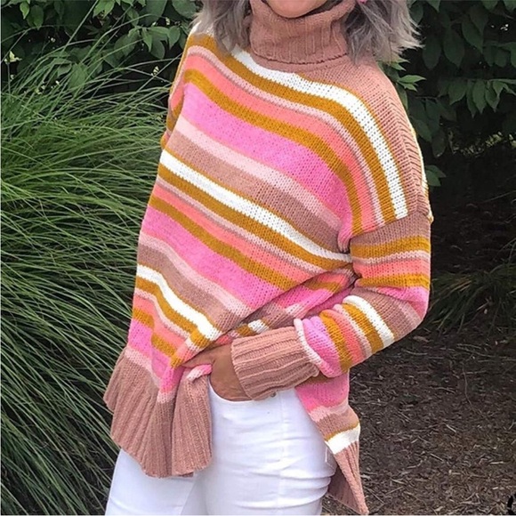 Aerie Tan & Pink Striped Turtleneck Sweater NEW - Picture 12 of 12